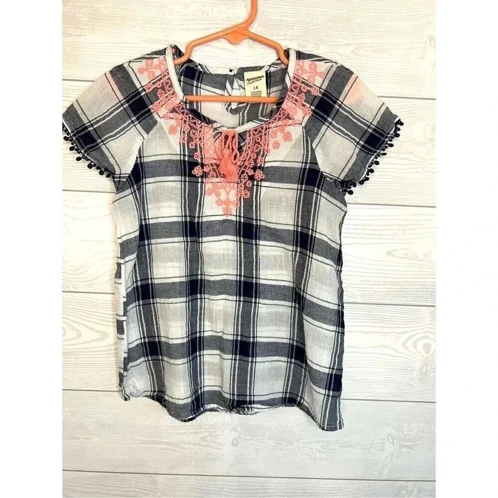Arizona Jean Co  girls' plaid embroidered boho short sleeve top Size 6